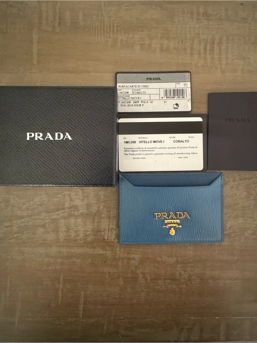 Prada Blue Saffiano Leather Card Holder with Gold Logo